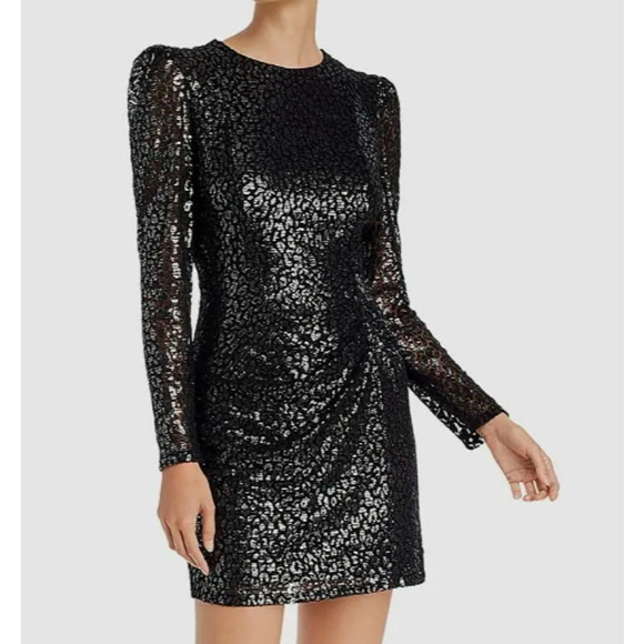 NWT Aqua Black Metallic Leopard Pattern Long Sleeve Dress Large - Picture 1 of 6